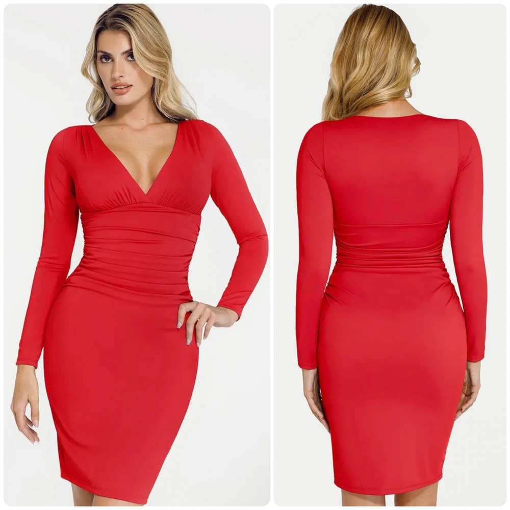 Popilush Womens Red Date Night Shapewear Ruched Bodycon V-Neck Midi Dress Size L